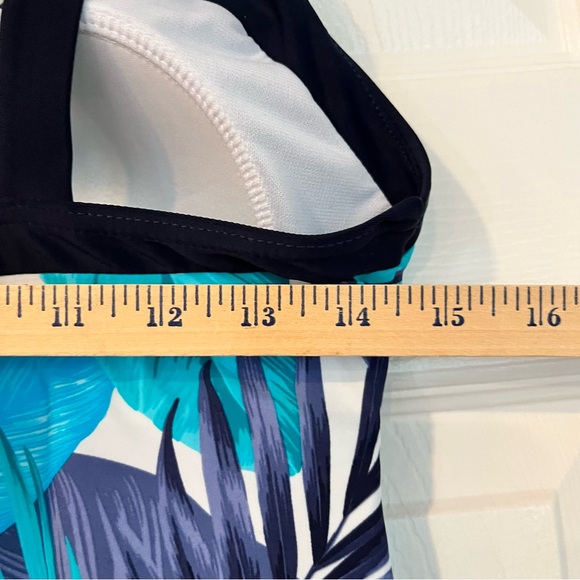 Navy and Teal Tropical Swimwear Halter Top Palm Leaf With Navy Blue Trim Size L - Picture 10 of 12